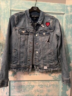 Karl Lagerfeld Paris Medium Blue Denim Jacket w Red Heart & Black Eiffel Patch
